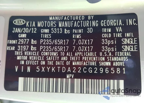 2012 Kia Sorento Lx V6 из США, поврежденный, VIN 5XYKTDA22CG296581